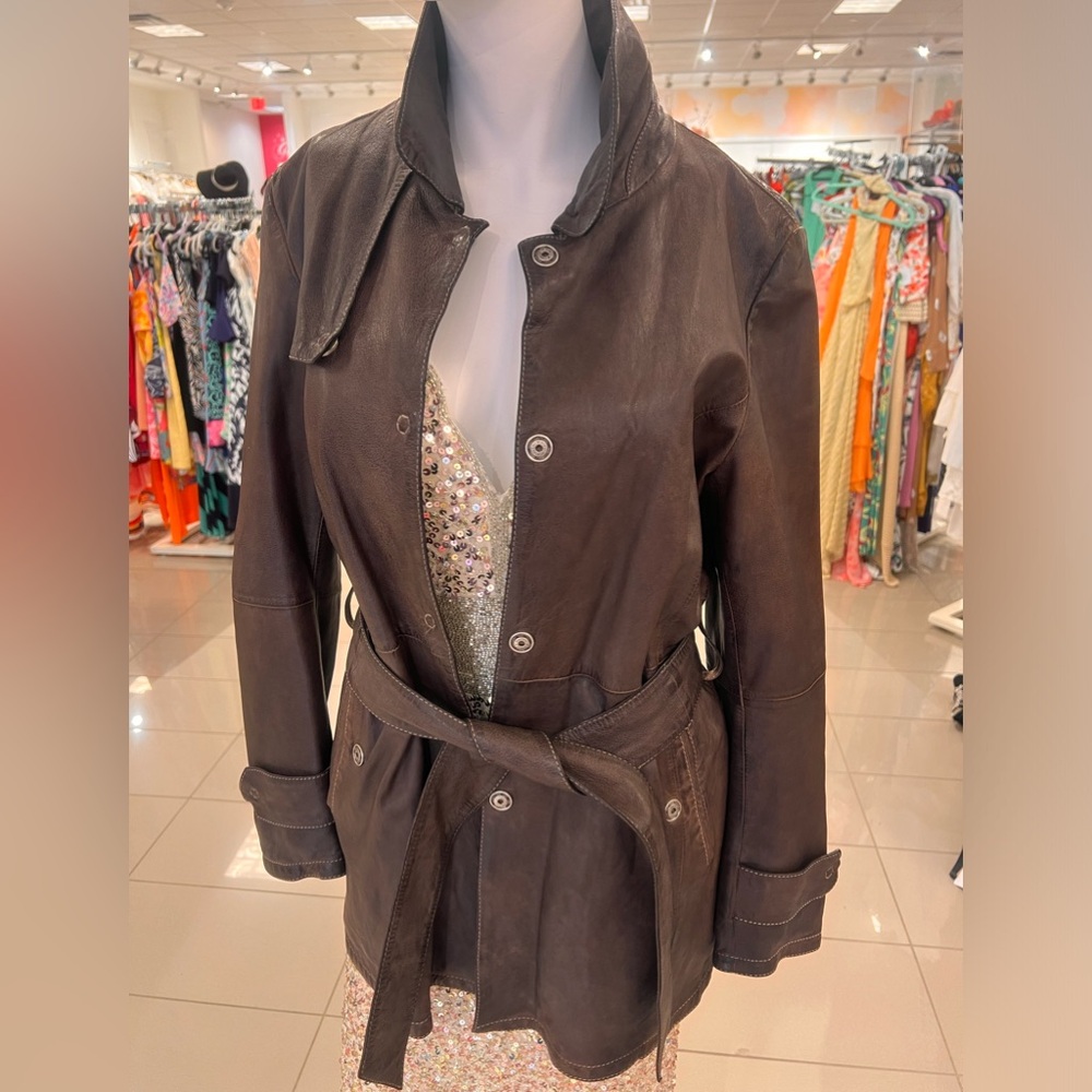 Brown Leather Belted Trench Coat - Women